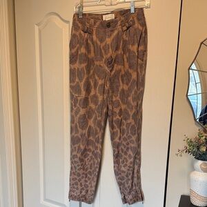 Anthropologie Brown Animal Print Pleated Ankle Zip Joggers